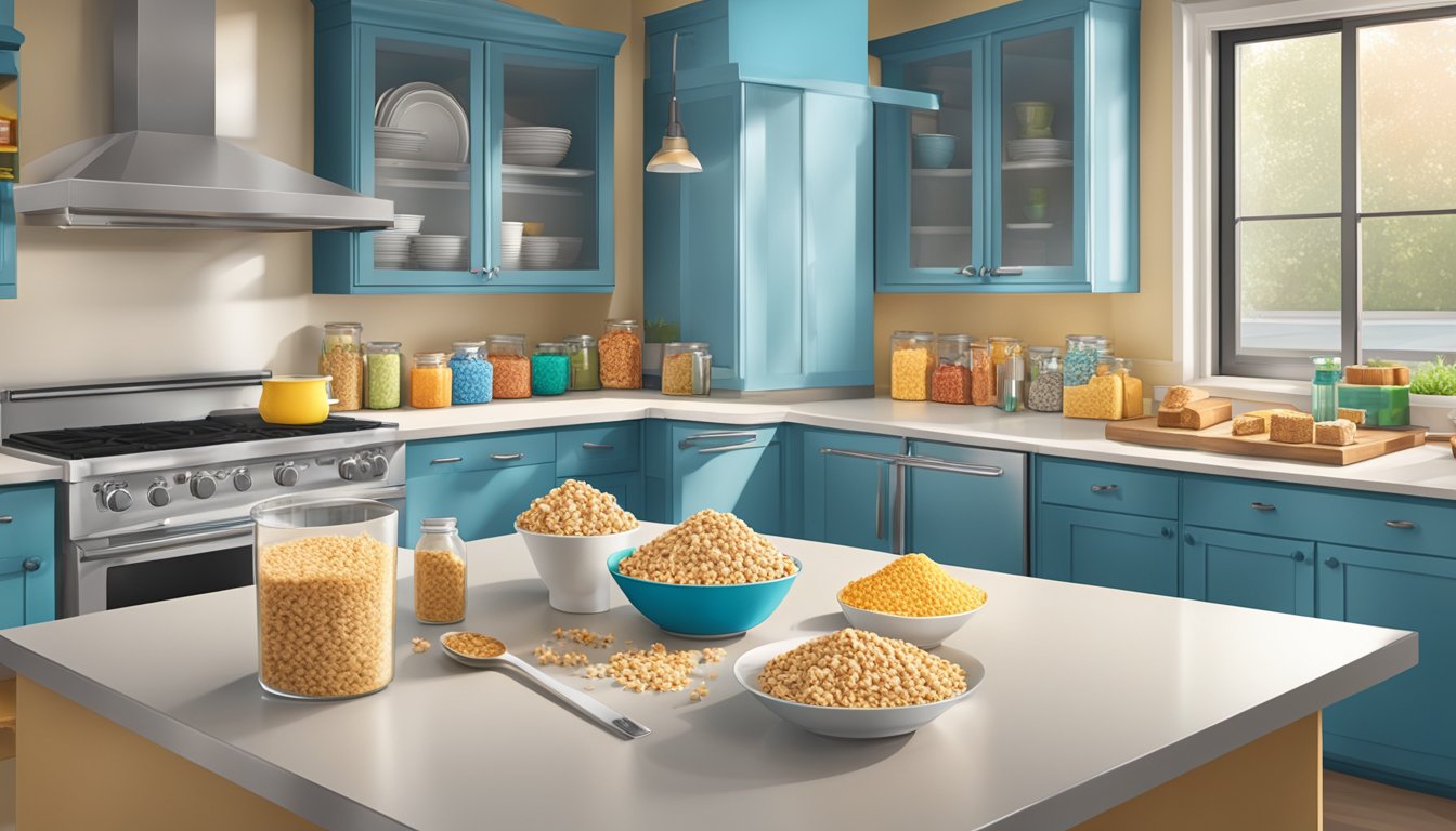 A kitchen counter with various ingredients and tools for making Kellogg's Rice Krispies treat variations