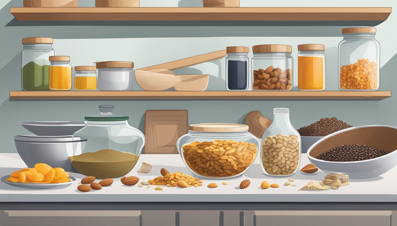 A kitchen counter with various shelf-stable ingredients such as nuts, seeds, dried fruit, and honey, alongside a mixing bowl and a tray of homemade protein bars