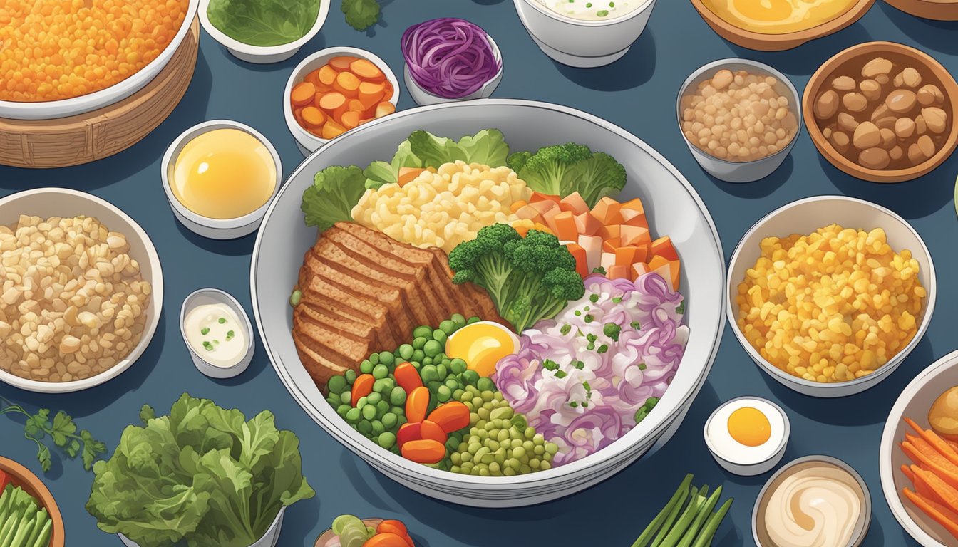 A steaming bowl of Maruchan instant lunch, surrounded by colorful and vibrant side dishes like fresh vegetables, eggs, and savory meats