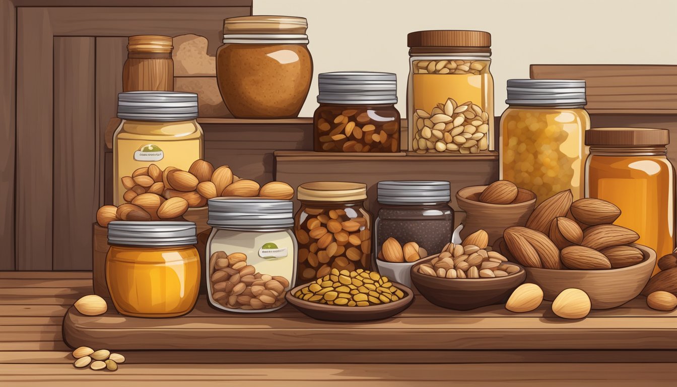 Assorted nuts, seeds, and dried fruits neatly arranged on a wooden shelf next to jars of honey and nut butter