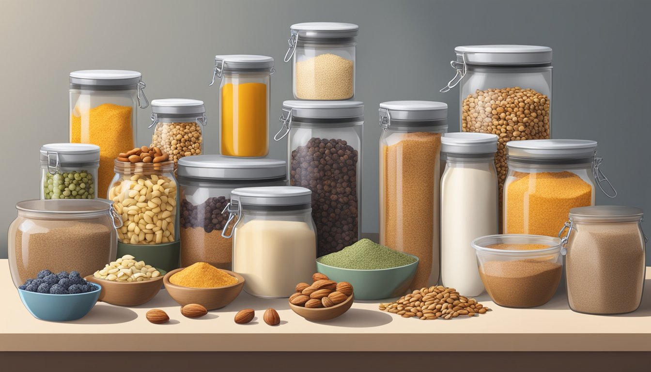 A kitchen counter with assorted shelf-stable ingredients such as nuts, seeds, dried fruits, and protein powders arranged neatly in containers and bags