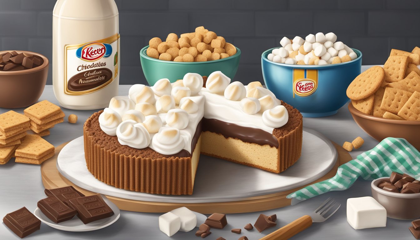 A kitchen counter with a Keebler graham cracker crust, surrounded by ingredients like chocolate, marshmallows, and whipped cream for recipe ideas