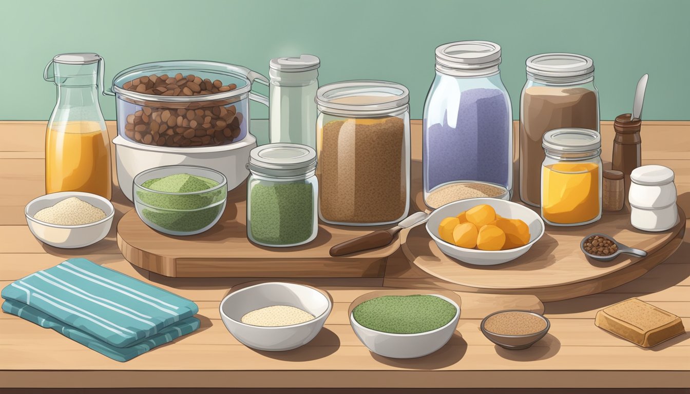 A kitchen counter with various shelf-stable ingredients and kitchen tools for making homemade protein bars