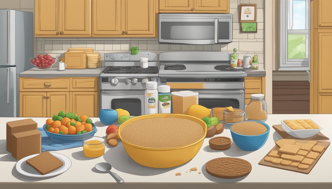 A kitchen counter with a Keebler graham cracker crust surrounded by various ingredients and utensils for making no-bake delights