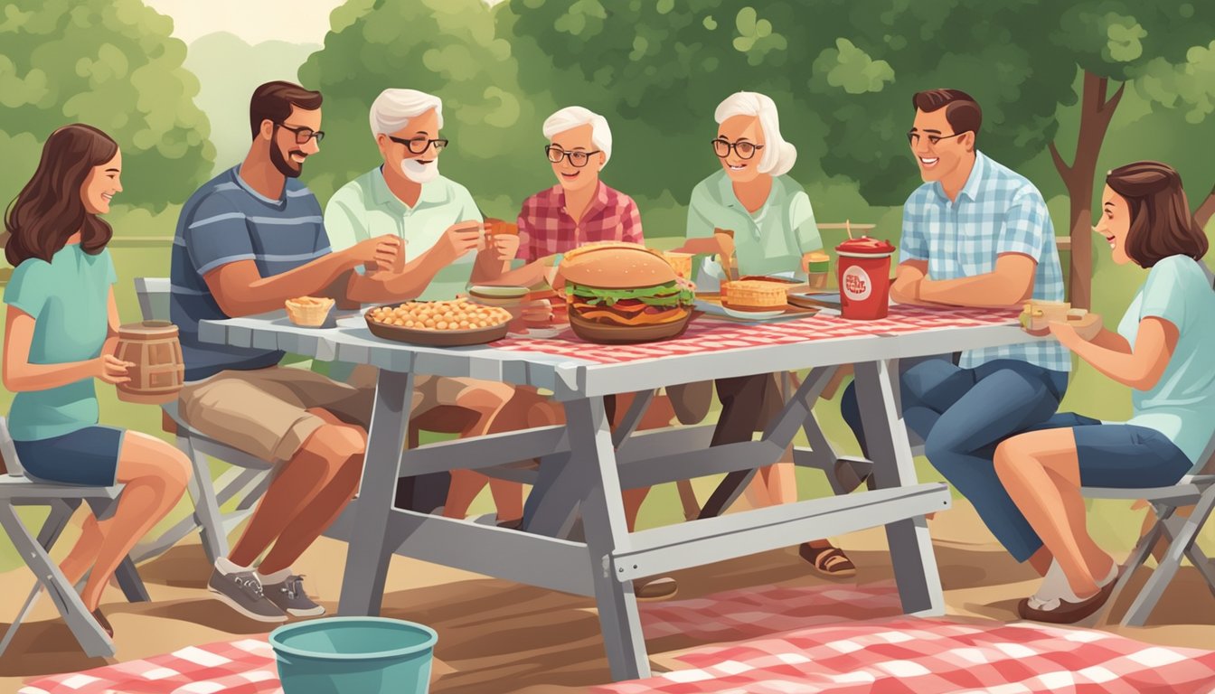 A picnic table with a gingham tablecloth, surrounded by friends and family at a summer BBQ, with a pot of classic baked beans steaming in the center