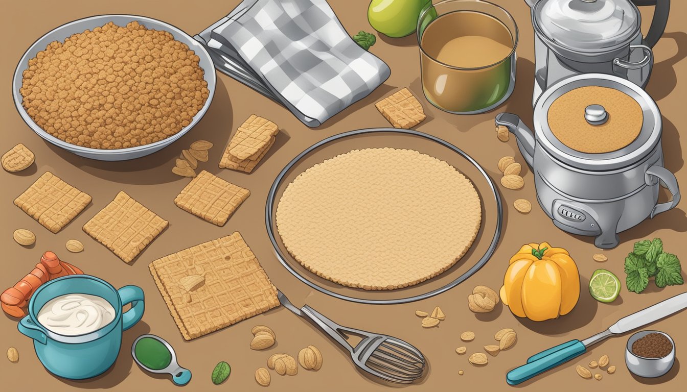 A kitchen counter with a Keebler graham cracker crust surrounded by various ingredients and utensils for creating recipe ideas