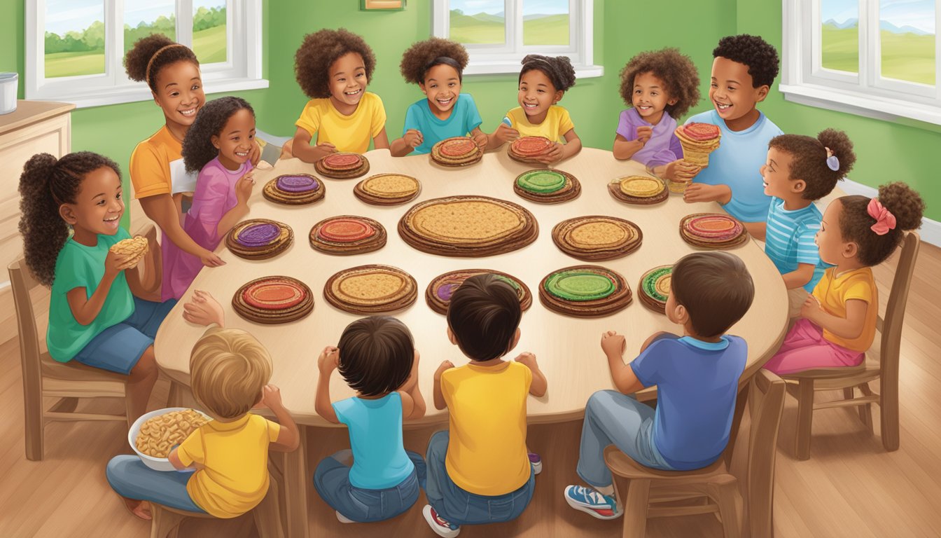 A table filled with various flavors of Smucker's Uncrustables surrounded by happy children and families enjoying the convenient and delicious snack