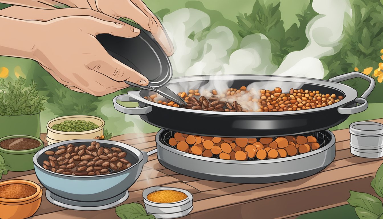 A hand pouring a mix of spices and herbs into a pot of simmering baked beans over a barbecue grill