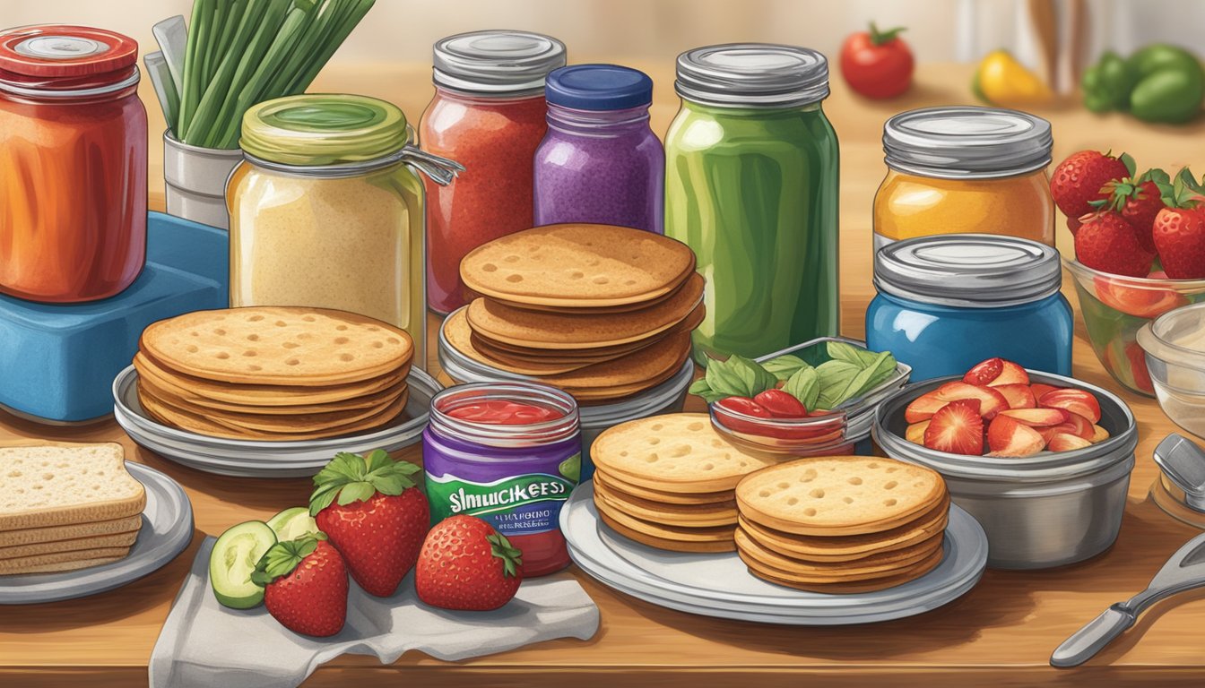 A colorful array of kitchen tools and accessories surround a plate of delicious Smuckers Uncrustables, including a spreading knife, cutting board, and various jars of spreads and toppings