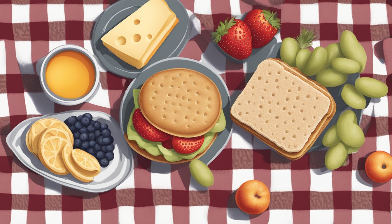 A picnic spread with a variety of Smucker's Uncrustables sandwiches, fresh fruit, and cheese on a checkered blanket