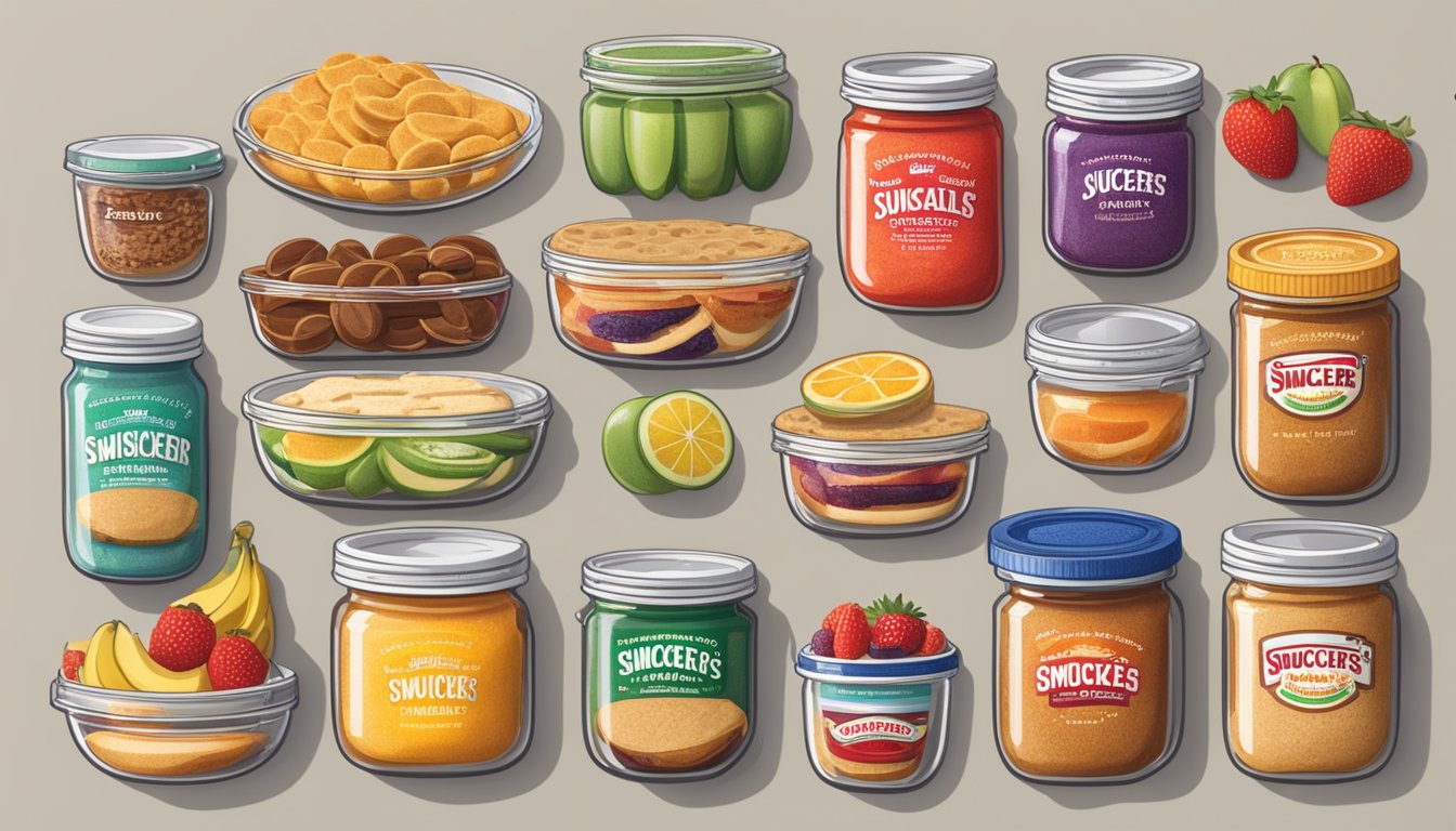 A kitchen counter with neatly arranged rows of Smucker's Uncrustables in various flavors, surrounded by containers of fruits, spreads, and other ingredients for making ahead and storing delicious snacks