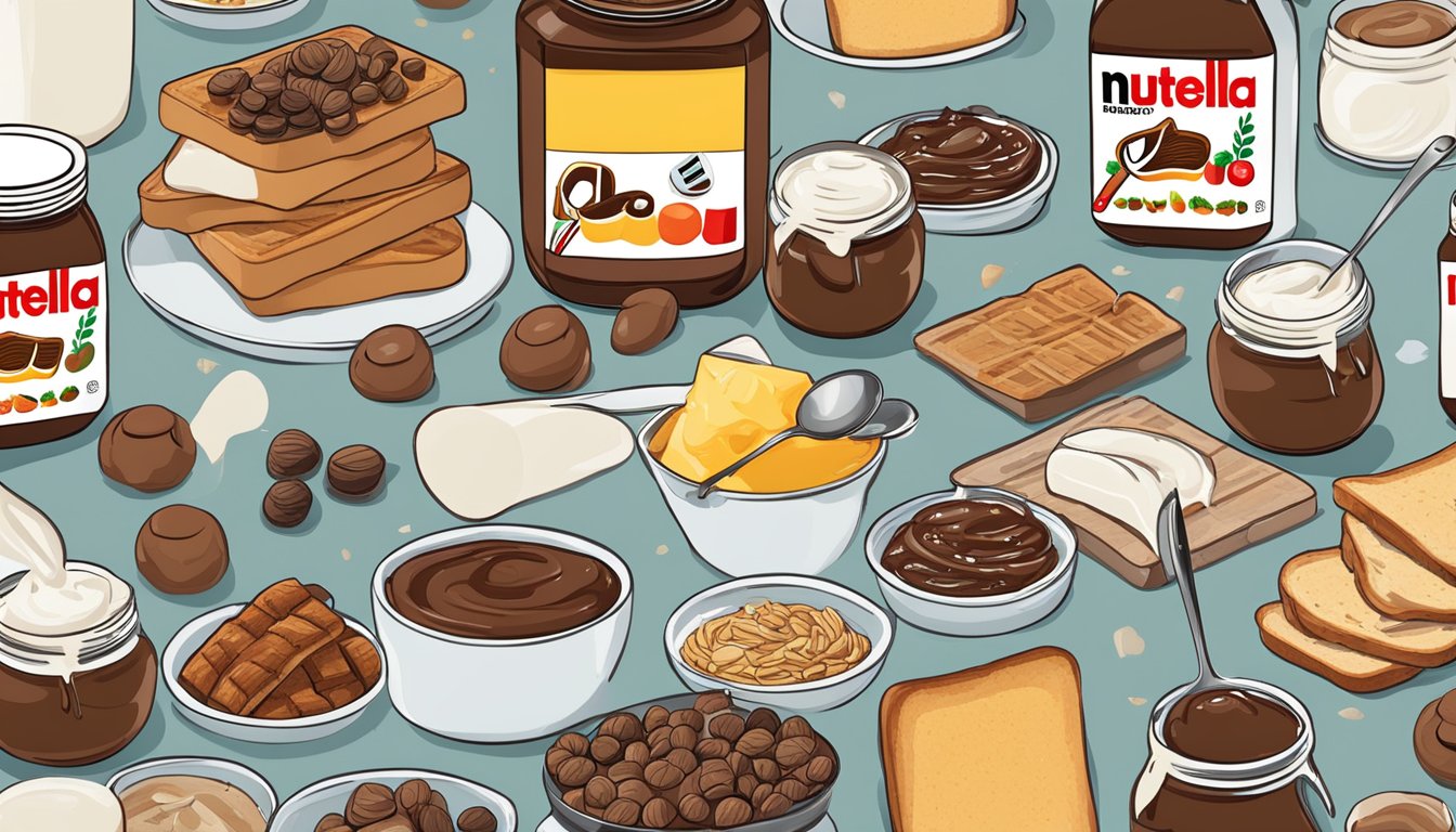 A spread of Nutella jars surrounded by various ingredients and utensils, showcasing the diverse recipes beyond toast