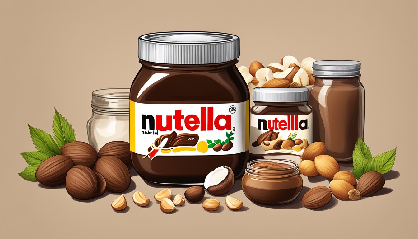 A jar of homemade Nutella surrounded by various ingredients like hazelnuts, cocoa, and vanilla beans