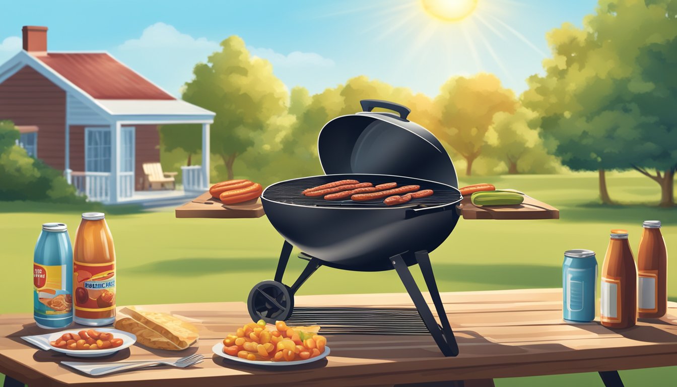 A backyard barbecue with a grill, picnic table, and a can of baked beans open on the table. Sunshine and blue skies overhead