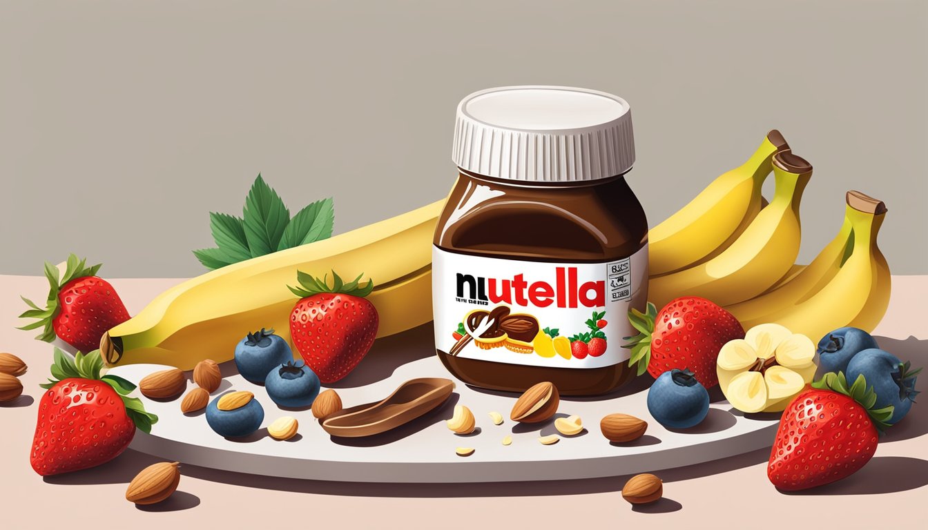 A jar of Nutella surrounded by ingredients like strawberries, bananas, and nuts, with a mixing bowl and spoon nearby