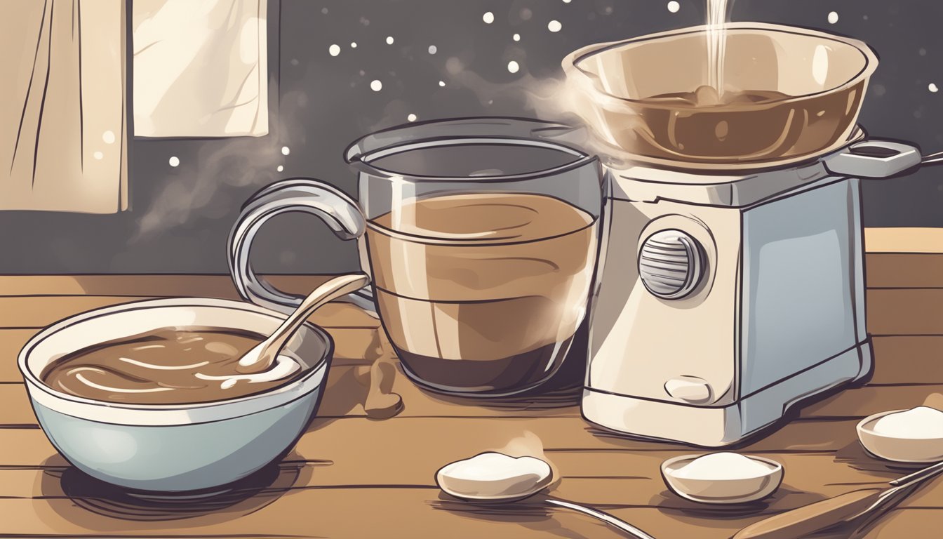 A cozy kitchen with a steaming mug of hot chocolate pudding mix being stirred into a bowl of creamy pudding. A bag of instant mix sits nearby