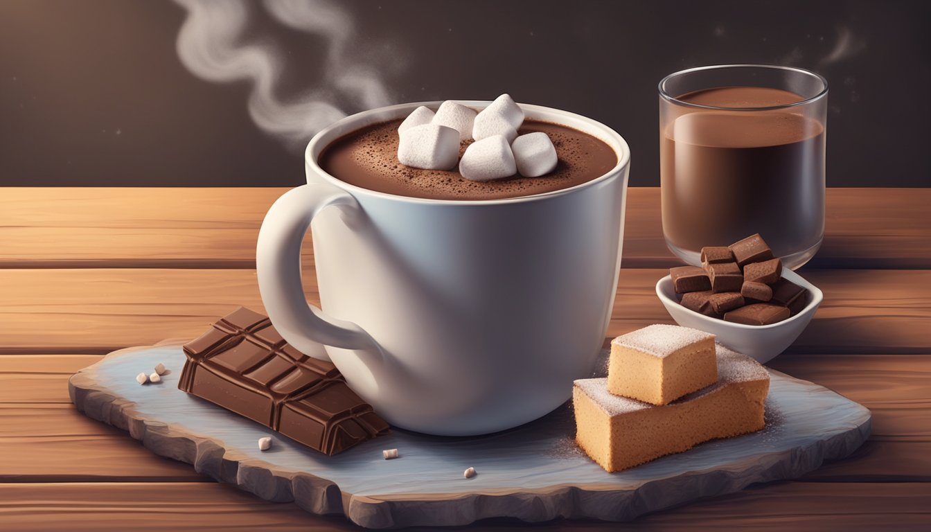 A steaming mug of hot chocolate mix pudding sits on a rustic wooden table, surrounded by scattered cocoa powder and marshmallows