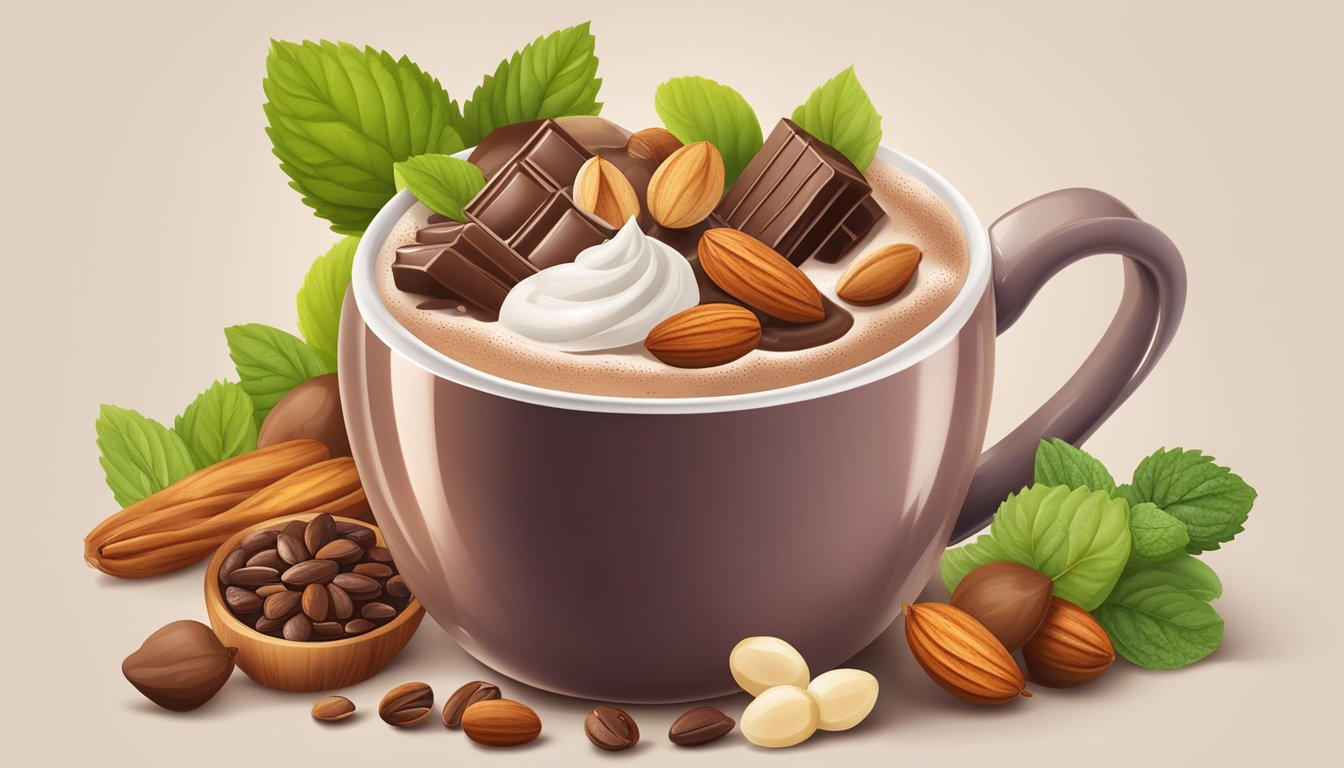 A steaming mug of hot chocolate mix pudding surrounded by various nutritious ingredients like fruits, nuts, and seeds