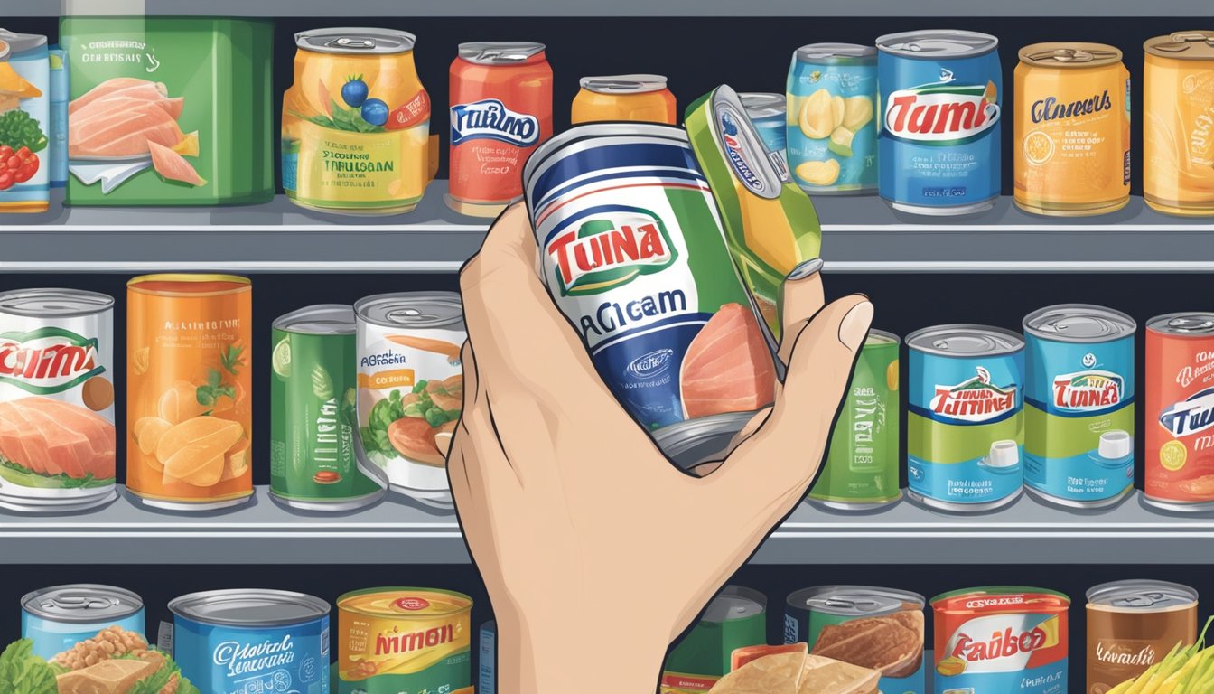 A hand reaching for a can of tuna among various brands on a supermarket shelf