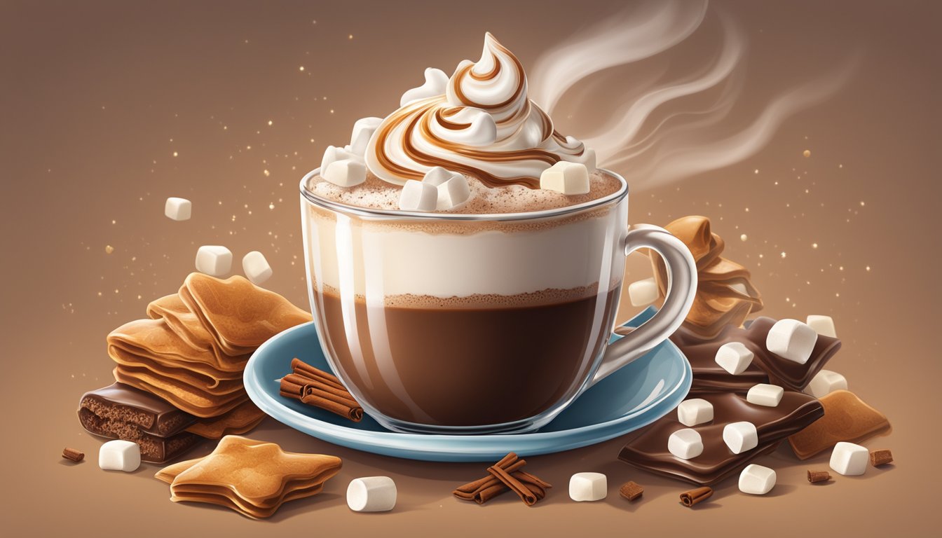 A steaming mug of hot chocolate mix with swirls of whipped cream and a sprinkle of cinnamon, surrounded by various flavor enhancements like marshmallows and caramel drizzle