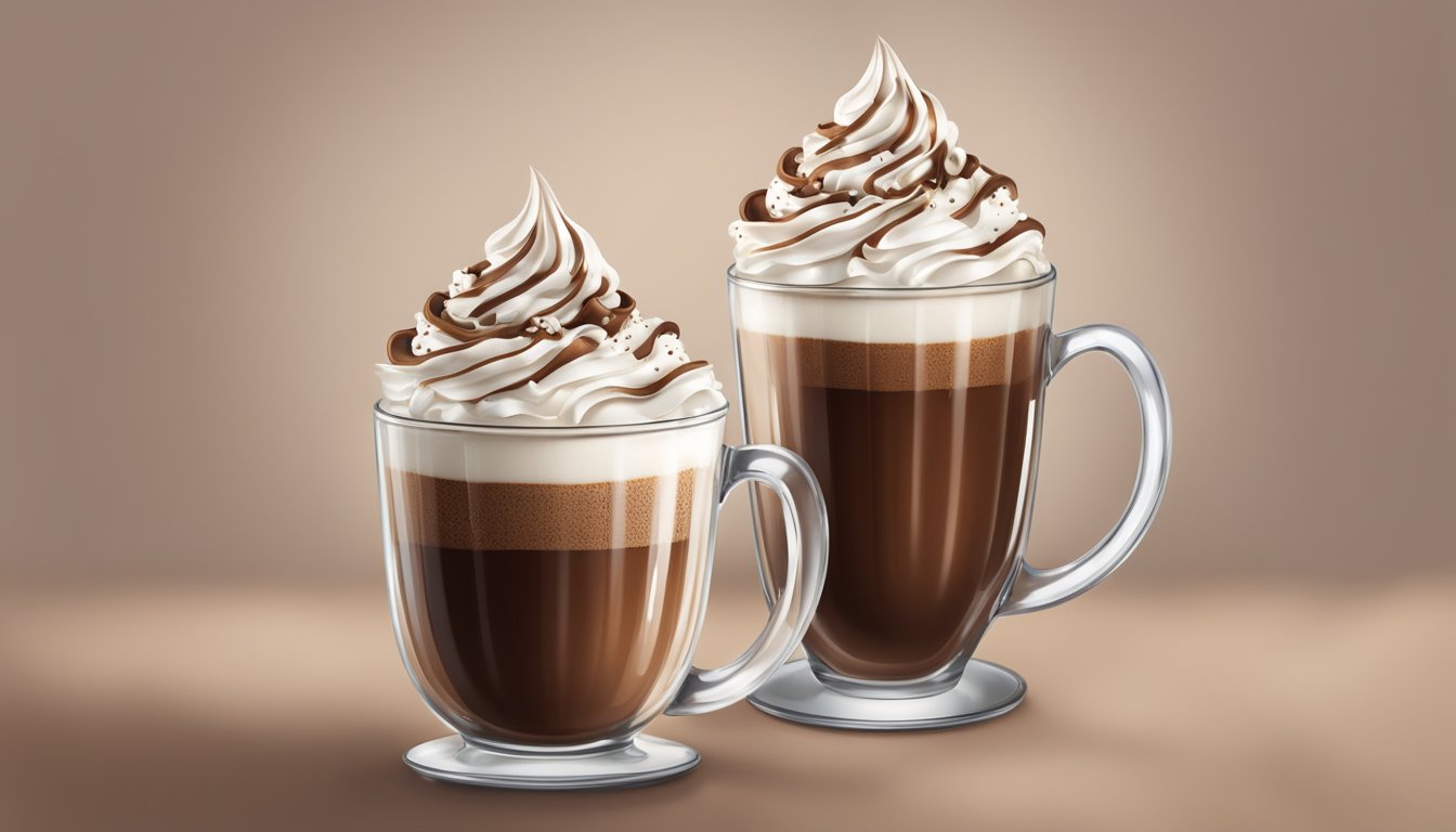 A glass filled with a creamy, chocolatey Nutella beverage, topped with a dollop of whipped cream and a sprinkle of cocoa powder