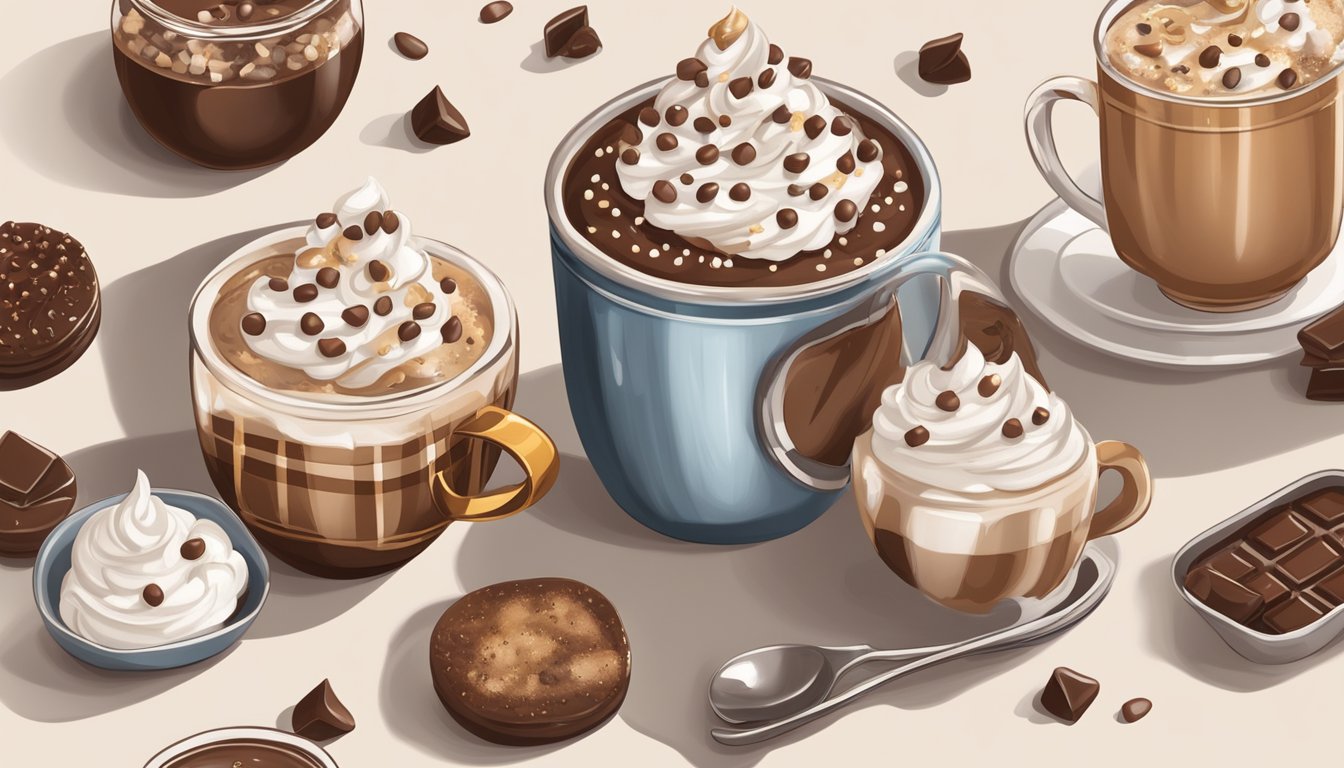 A steaming mug of hot chocolate topped with whipped cream and sprinkles, surrounded by jars of marshmallows, chocolate chips, and caramel sauce