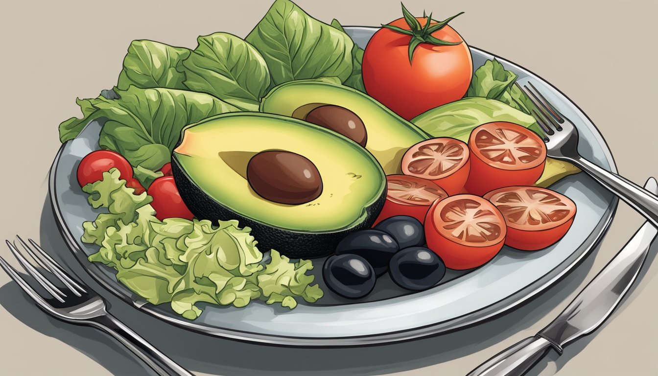 A colorful array of ingredients - tuna, avocado, lettuce, tomatoes, and olives - arranged on a plate with a fork and knife beside it