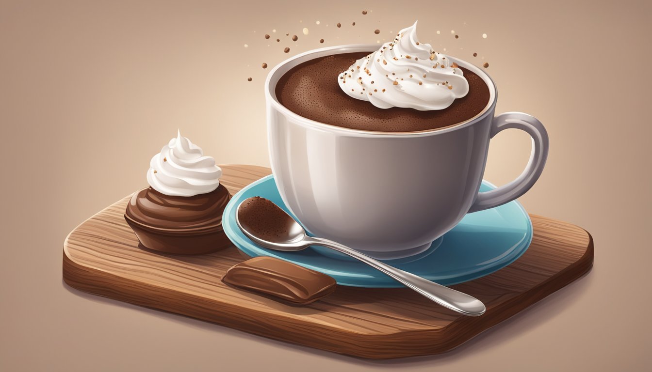 A steaming mug of hot chocolate pudding sits on a wooden table, garnished with a dollop of whipped cream and a sprinkle of cocoa powder