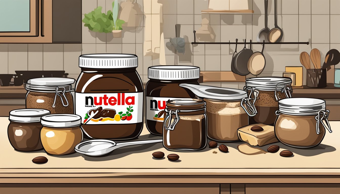 A kitchen counter with jars of Nutella, various ingredients, and cooking utensils laid out for making Nutella recipes beyond toast