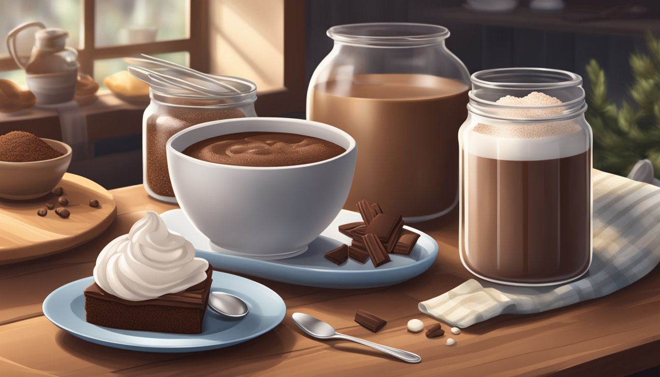 A cozy kitchen with jars of cocoa, sugar, and milk powder, a whisk, and a bowl of hot chocolate mix pudding