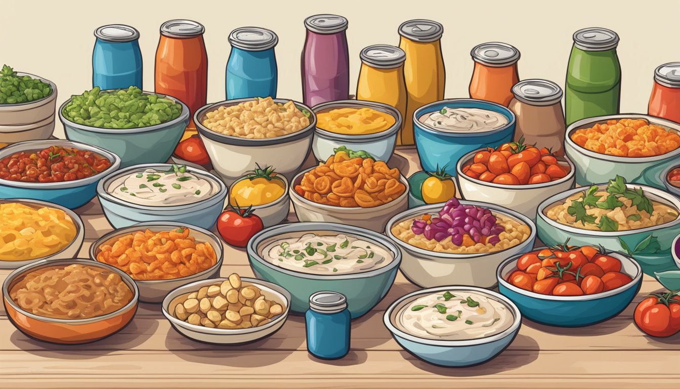 A table filled with bowls of creamy and chunky dips, surrounded by colorful cans of Ro Tel tomatoes and various dippable snacks