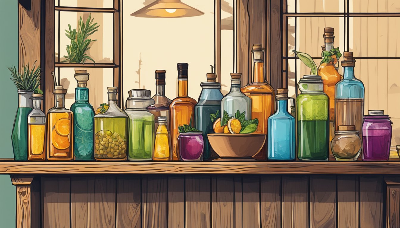 A colorful array of cocktail ingredients and homemade mixers displayed on a rustic wooden shelf. Bottles of spirits, fresh fruits, herbs, and jars of syrups and bitters create a vibrant and inviting scene