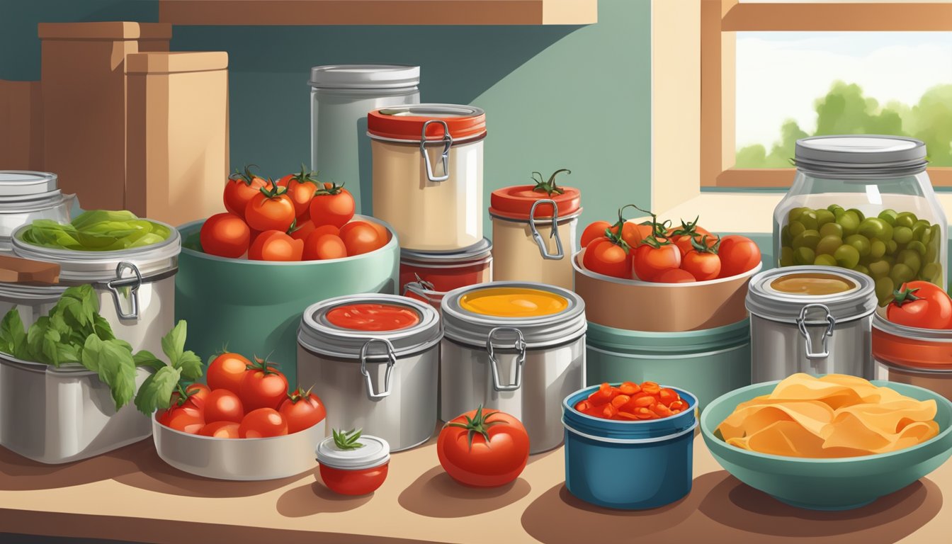 A kitchen counter with various canned tomatoes, fresh ingredients, and containers of delicious dips, all arranged neatly and safely stored