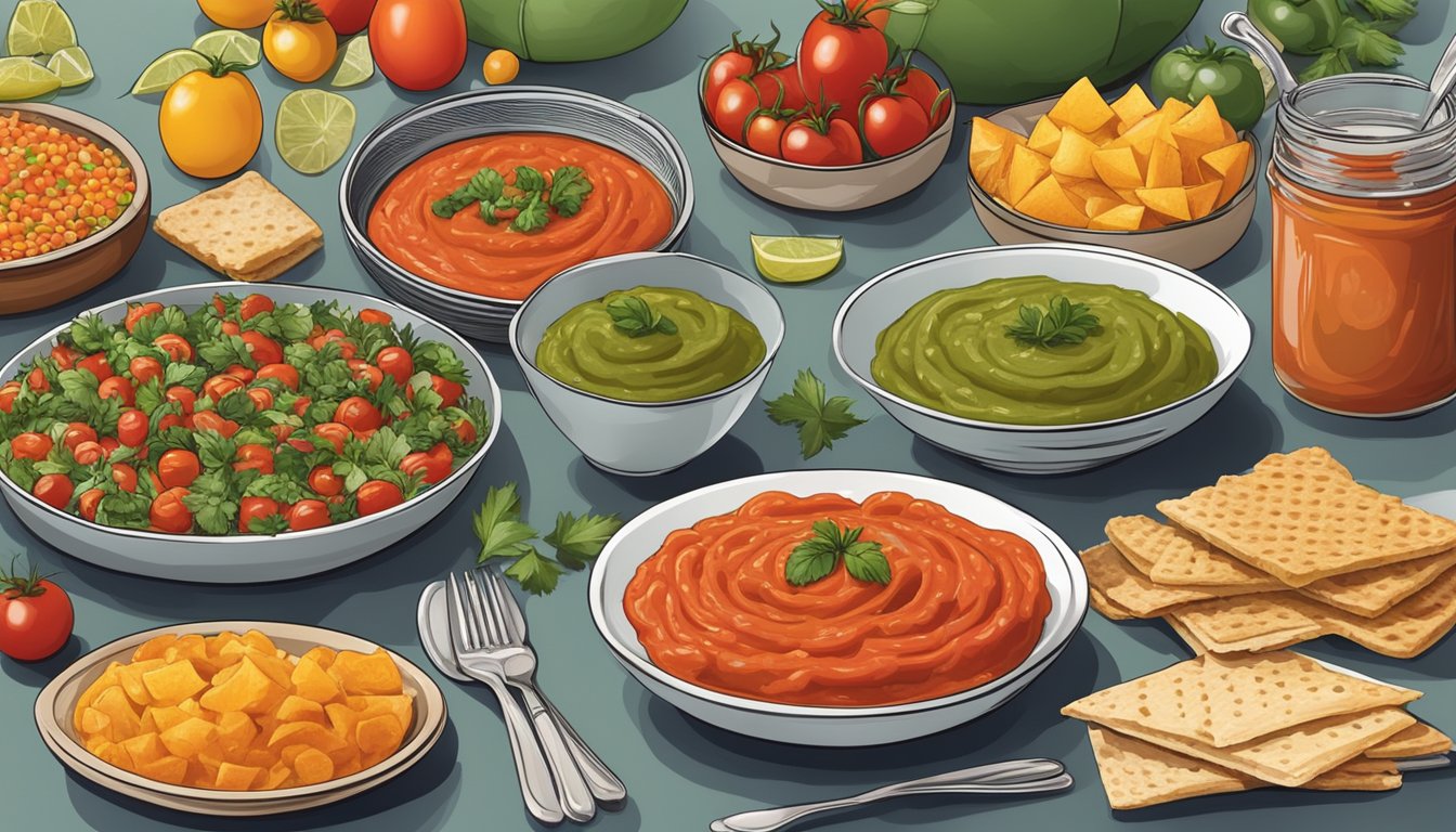 A festive table spread with various bowls of colorful and flavorful dips made with Ro Tel canned tomatoes, surrounded by party decorations and serving utensils