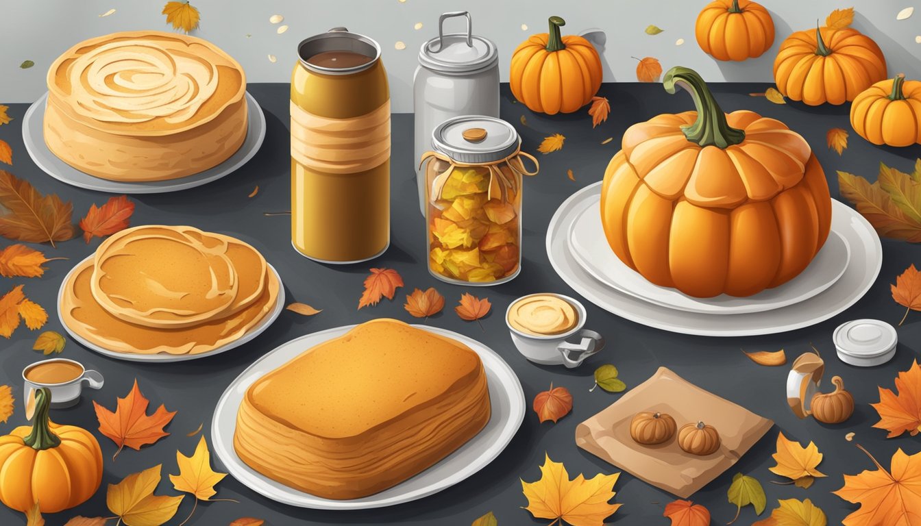 A kitchen counter with various dishes and baked goods made from canned pumpkin, surrounded by autumn leaves and pumpkins