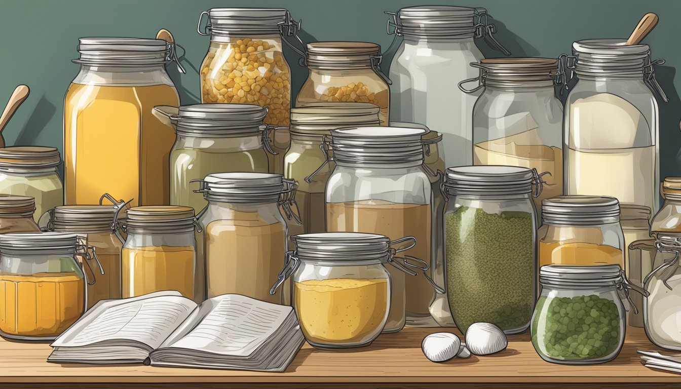 A cluttered kitchen counter with various jars and containers filled with homemade broth and stock, alongside labeled recipe books and cooking utensils