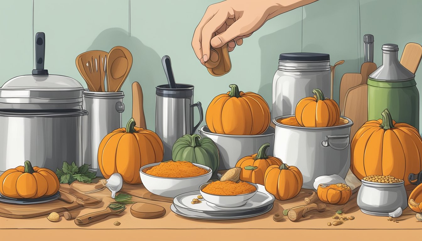 A hand reaching for a can of pumpkin on a shelf, surrounded by various cooking utensils and ingredients