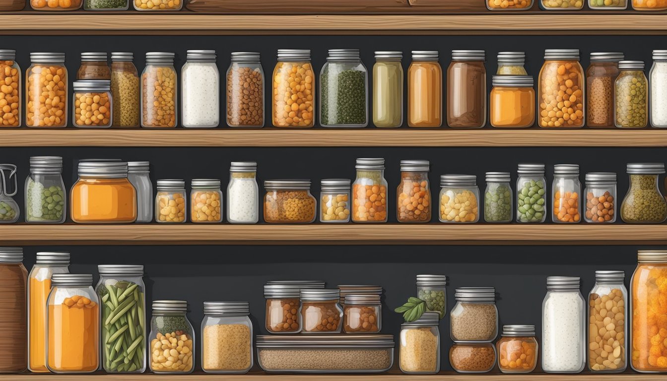 A pantry shelf with neatly organized rows of canned pumpkin, surrounded by jars of spices and recipe books