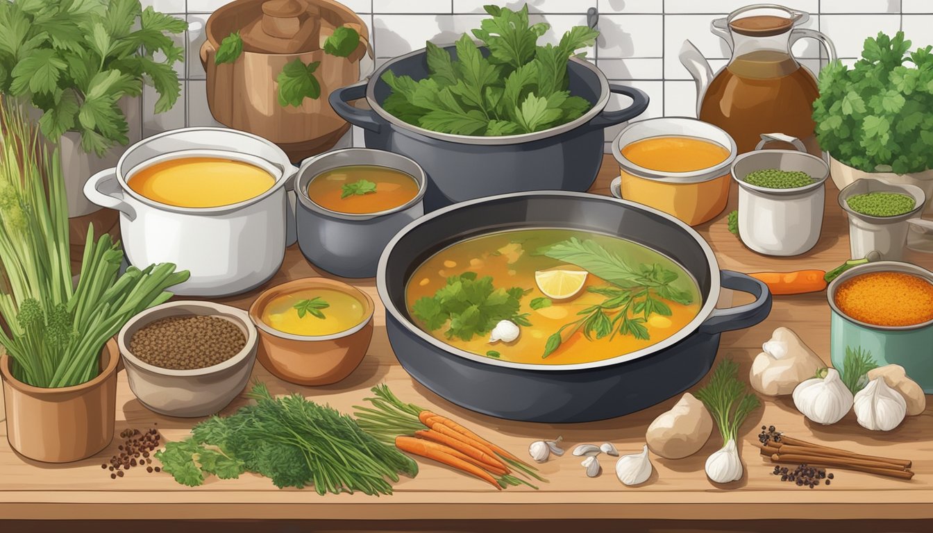 A variety of homemade broths and stocks simmering in different pots on a stovetop, surrounded by fresh herbs, vegetables, and spices