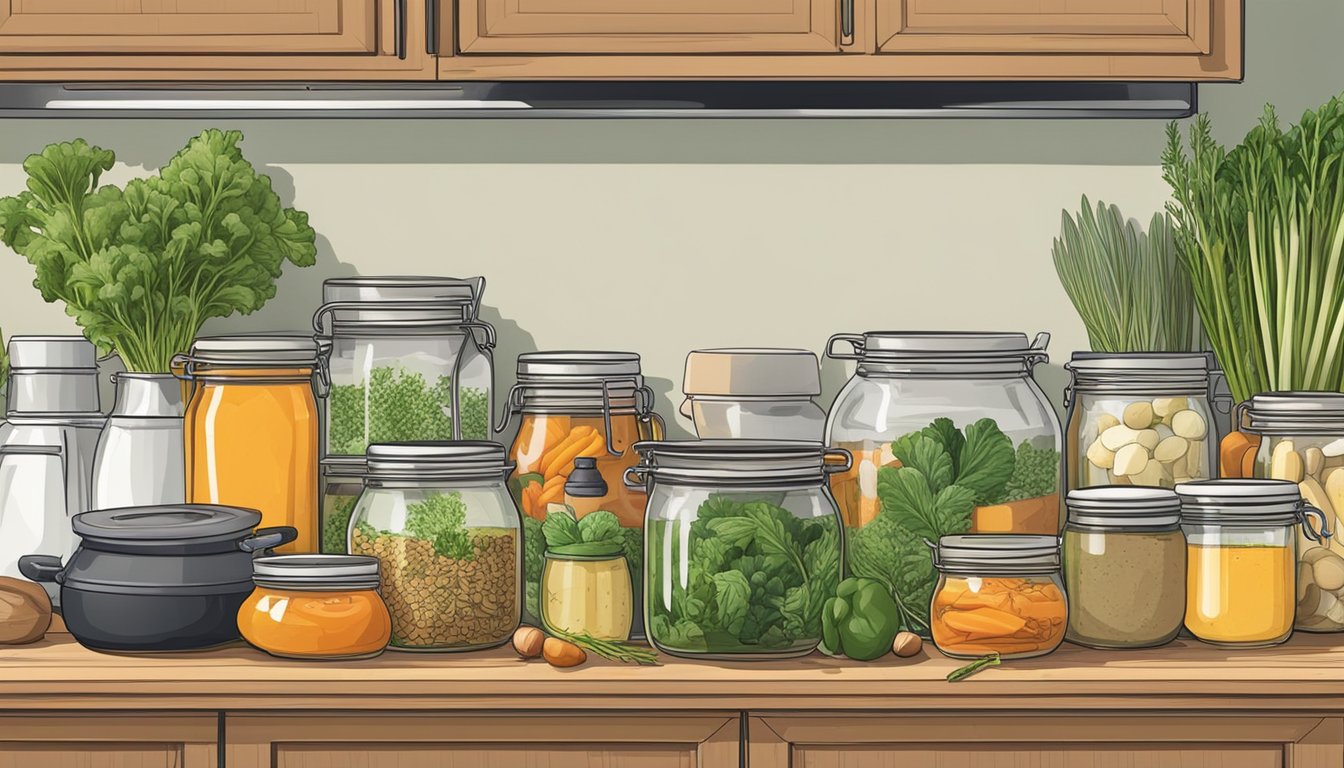 A cluttered kitchen counter with various jars and containers filled with homemade broth and stock, alongside fresh vegetables and herbs