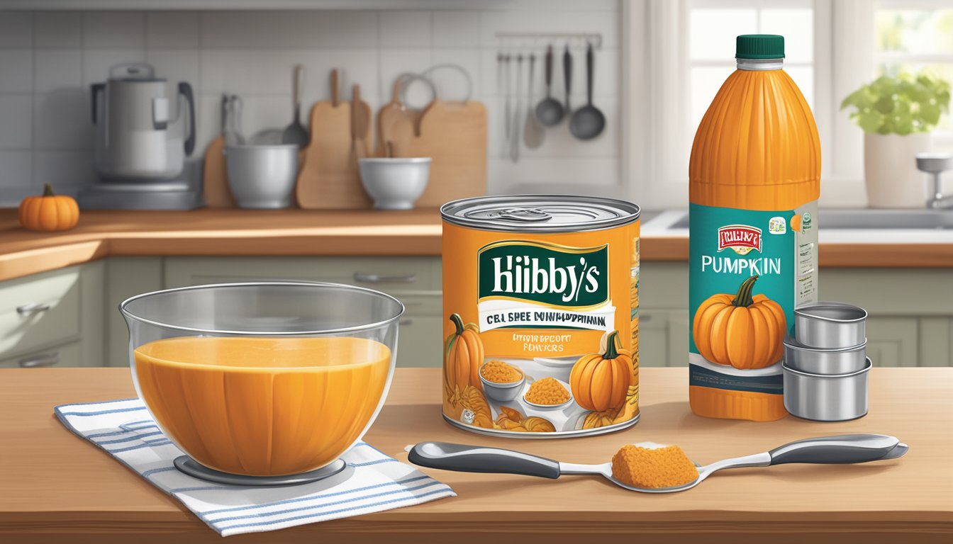 A kitchen counter with a can of Libby's canned pumpkin, a mixing bowl, measuring cups, and a whisk. A recipe book open to a pumpkin dessert page