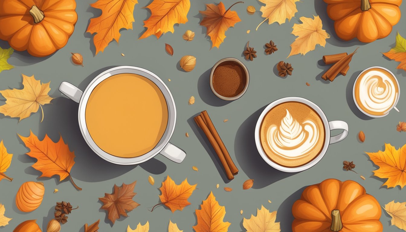 A cozy kitchen table with a steaming mug of pumpkin spice latte and a can of pumpkin puree surrounded by autumn leaves and cinnamon sticks