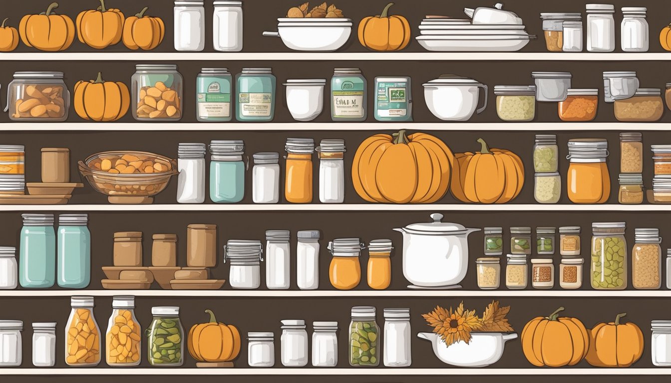 A cozy kitchen pantry shelf stocked with Libby's canned pumpkin, surrounded by other pantry staples and cooking utensils