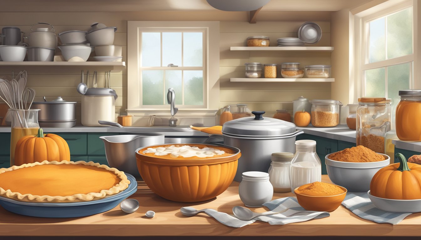 A kitchen counter with a can of Libby's canned pumpkin, a mixing bowl, measuring cups, and a pie dish, surrounded by various baking ingredients and utensils