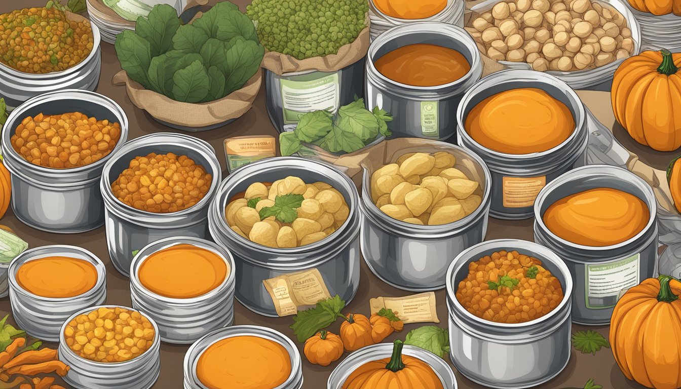 A table with various canned pumpkin dishes surrounded by fresh produce and nutritional information labels