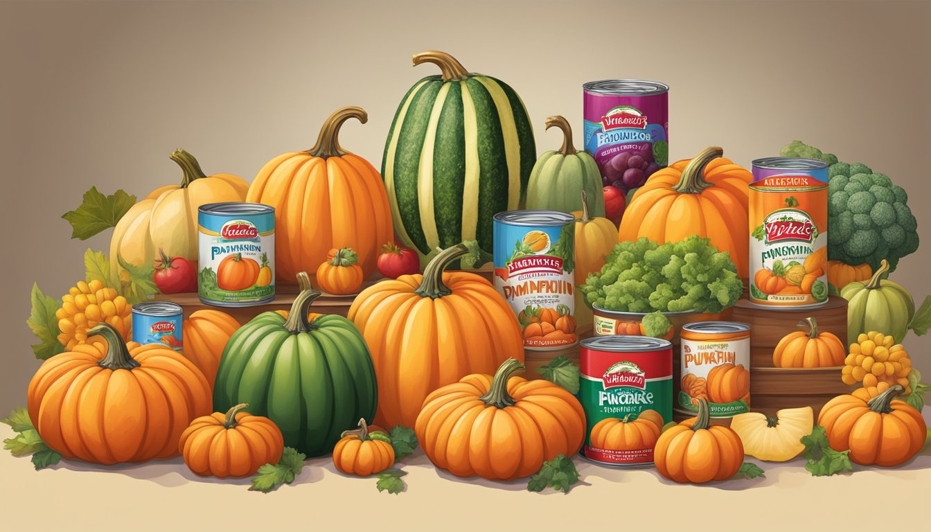 A colorful array of fresh pumpkins, surrounded by vibrant fruits and vegetables, with a can of Libby's canned pumpkin prominently displayed