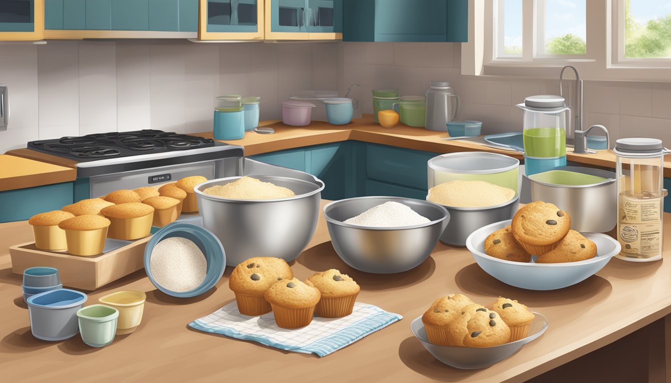 A kitchen counter with assorted boxed muffin mixes and ingredients, a mixing bowl, measuring cups, and a loaf pan