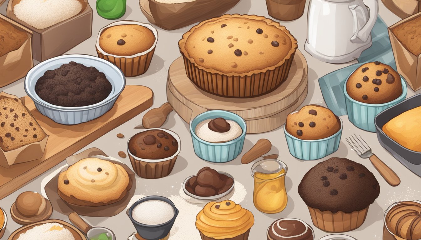 A kitchen counter with boxes of muffin mix and loaf cake variations, surrounded by essential baking ingredients