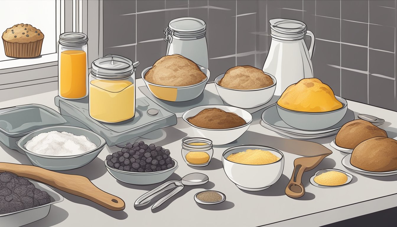 A kitchen counter with various ingredients and tools for customizing loaf cake variations from a boxed muffin mix