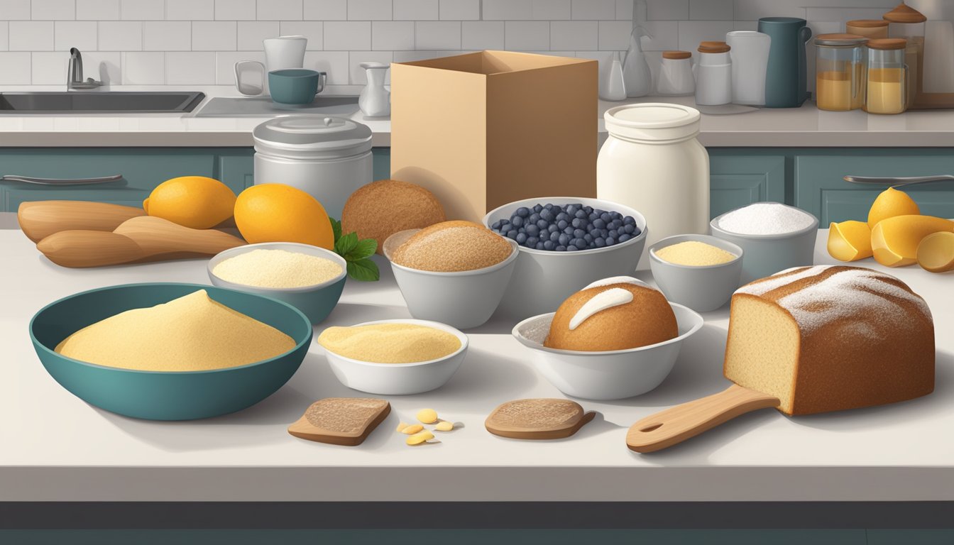 A kitchen counter with assorted ingredients and utensils for baking loaf cakes from boxed muffin mix variations